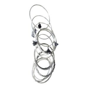 Boho Silver Bangle Bracelet Set Black Tassels Beaded Stackable Mixed Metal Style